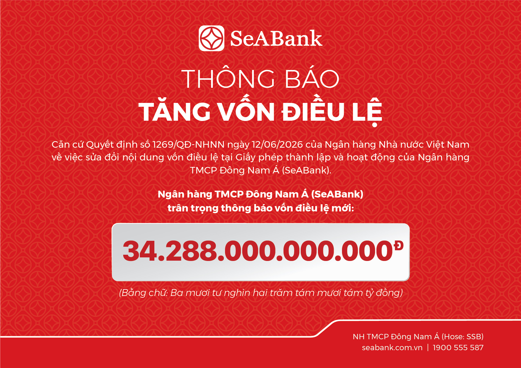 SeABank hoàn tất tăng vốn điều lệ lên 34.288 tỷ đồng