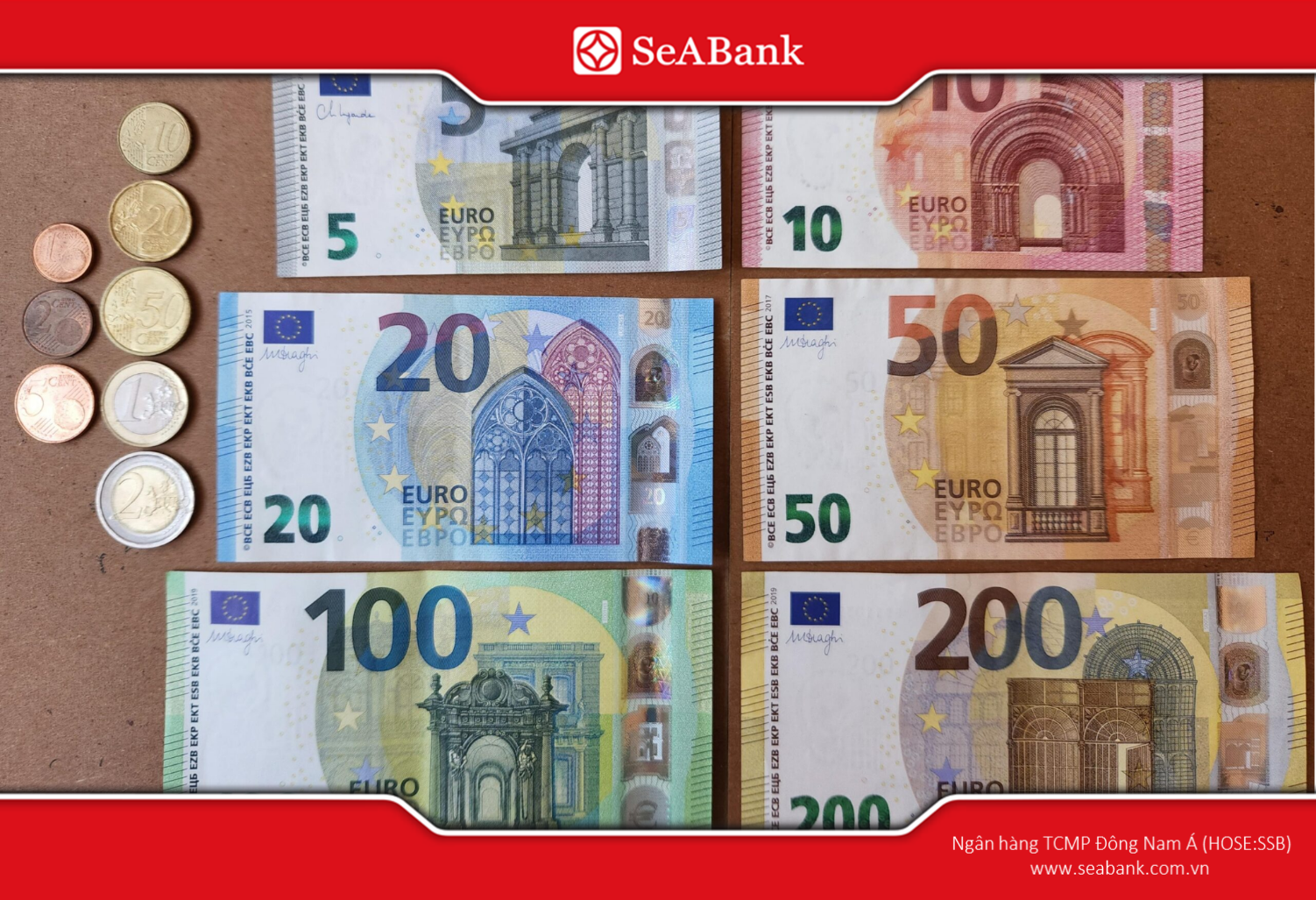 Các mệnh giá tiền giấy và tiền xu euro đang được sử dụng tại Đức.