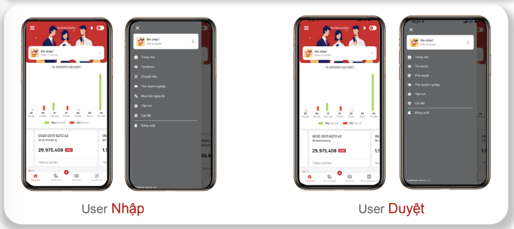 Màn hình User Nhập và User Duyệt của SeAMobile Biz